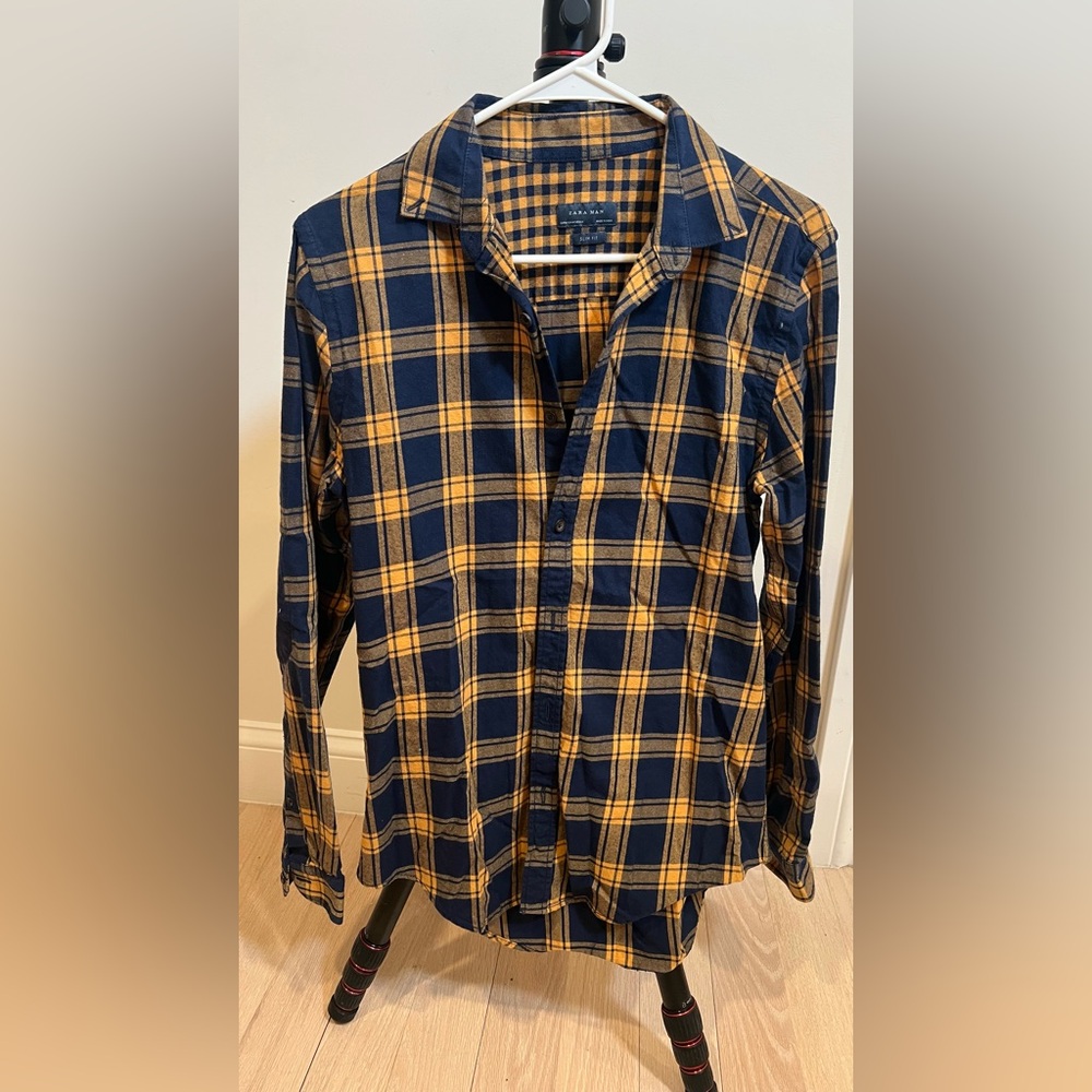 Zara Man Slim Fit Plaid Button-Down Shirt w/ Elbow Patches